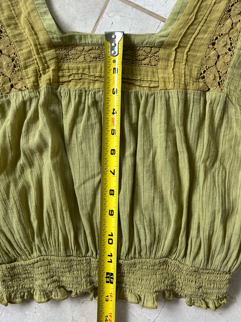 American Eagle Boho Festival Green Lace Smocked Waist Long Sleeve Crop Blouse XS - Picture 9 of 9